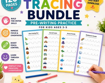 120 Page Tracing Bundle for Preschool, Pre Writing Worksheets Printable, Fine Motor Activities, Kindergarten Homeschool PDF