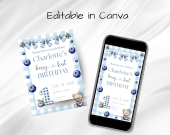 Berry Sweet One Birthday Invitation Template, Blueberry First Birthday Party Invite, Editable Canva