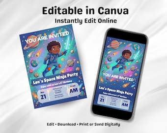 Space Ninja Birthday Invitation, Editable Canva Template, Outer Space Party (Digital Download)