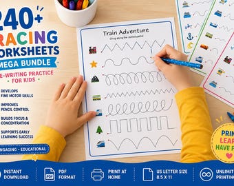 240 Page Preschool Tracing Bundle | Alphabet Number Line Shape Tracing Worksheets | Pre Writing Activities | Fine Motor Skills | Homeschool