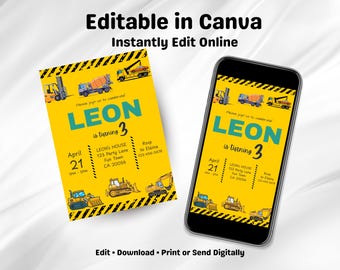 Construction 3rd Birthday Invitation, Editable Truck Party Invite (Canva Template)