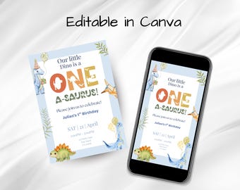 Dinosaur First Birthday Invitation Template, Editable Canva Party Invite, Dino Theme Kids Birthday