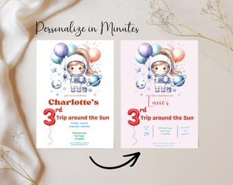 Astronaut 3rd Birthday Invitation, Trip Around The Sun Party, Editable Canva Template (Digital Download)