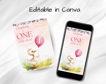 One Silly Goose First Birthday Invitation Template, Girl 1st Birthday Party Invite, Editable Canva
