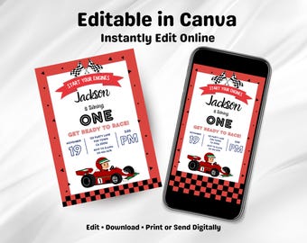 Race Car First Birthday Invitation, Editable Canva Template (Digital Download)