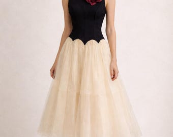 Vintage Couture Inspired Black and  Cream Dress with Handmade Flower – Snatched Bodice & Tulle Skirt