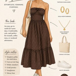 May include: Illustration of a woman in a strapless polka dot midi dress, white trainers, and a canvas tote bag. Accessories include gold jewellery and tortoise sunglasses. The image is labelled "Daytime Casual Styling Sketch."