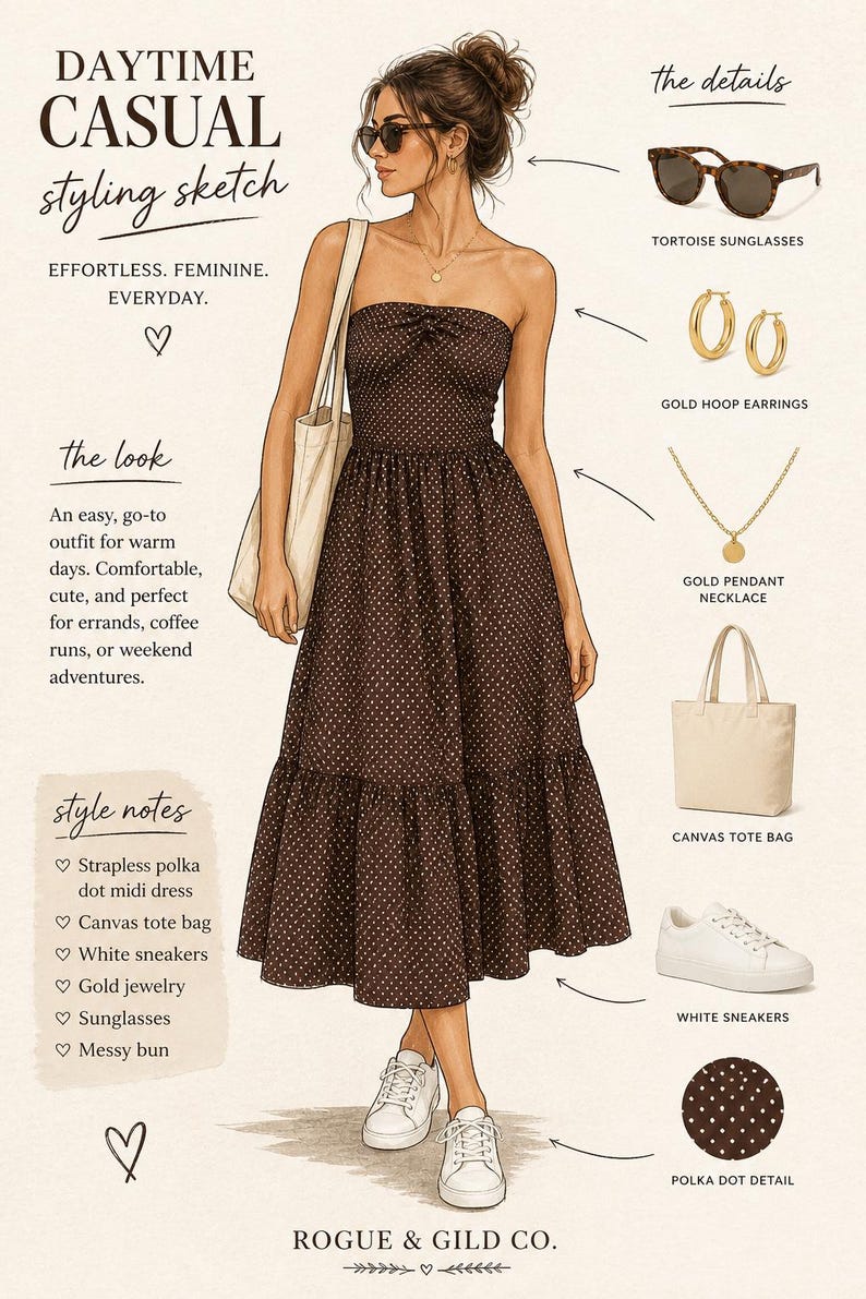 May include: Illustration of a woman in a strapless polka dot midi dress, white trainers, and a canvas tote bag. Accessories include gold jewellery and tortoise sunglasses. The image is labelled "Daytime Casual Styling Sketch."