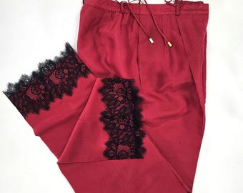 Refinished 100% Silk Trousers with Black Lace Hem – Hand-Finished Silk Pants Size 8