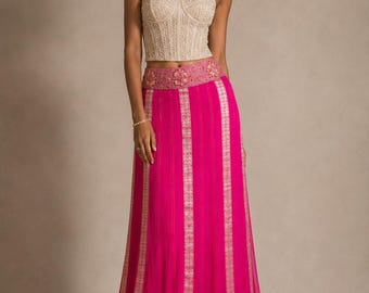 Jupe longue vintage fuchsia à perles – Jupe de soirée bohème indienne ornée