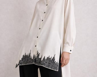 Ivory Oversized Shirt Dress Refashioned with Black Lace Hem Slit Tunic