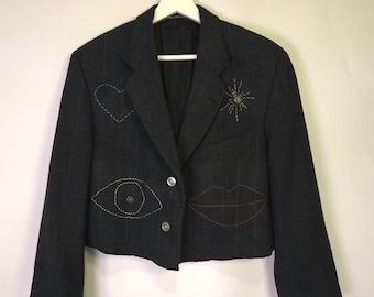 Upcycled Cropped Wool Blazer with Hand Embroidery – Dark Grey Relaxed Fit Gender Neutral Jacket by Rogue & Gild Co.