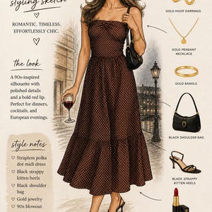 May include: An illustration of a woman in a brown polka dot midi dress, black kitten heels, and a black shoulder bag. The image includes gold jewellery, a red lip, and gold hoop earrings. The text reads "European Night Out."