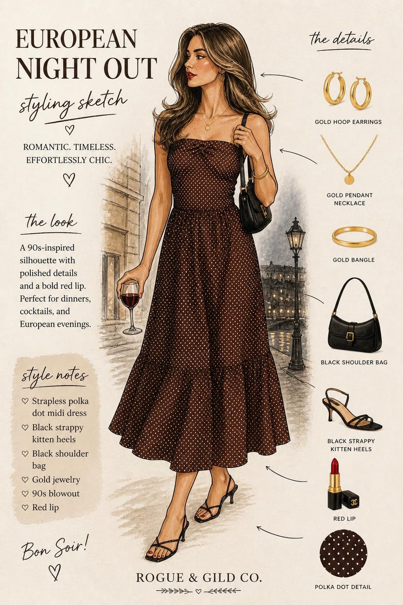 May include: An illustration of a woman in a brown polka dot midi dress, black kitten heels, and a black shoulder bag. The image includes gold jewellery, a red lip, and gold hoop earrings. The text reads "European Night Out."