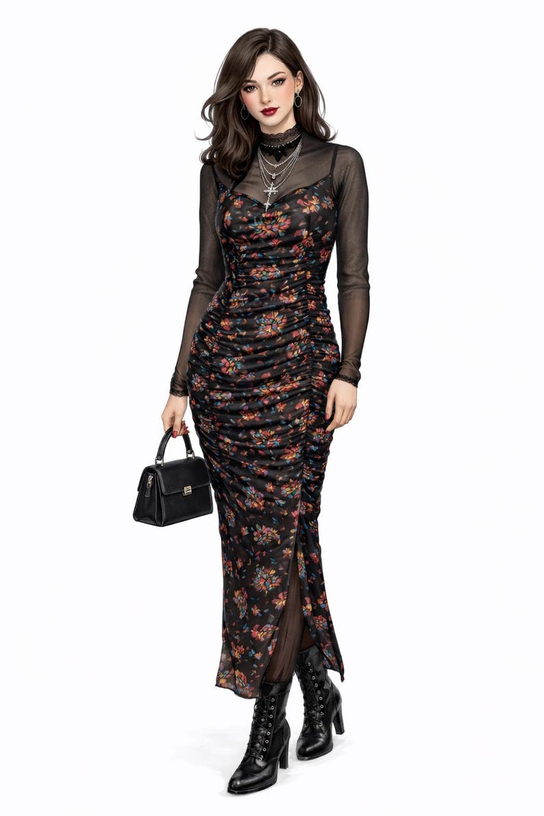 May include: A black floral print dress with a high slit, layered over a sheer black long-sleeve top. The dress is paired with black lace-up boots and a small black handbag. A silver cross necklace is visible.