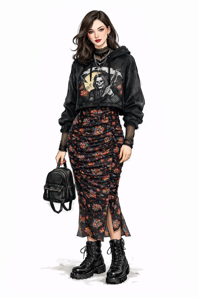 May include: A black cropped hoodie with a Grim Reaper graphic, paired with a floral print ruched skirt and black combat boots. A small black backpack is held in the hand. The outfit is a blend of edgy and feminine styles.