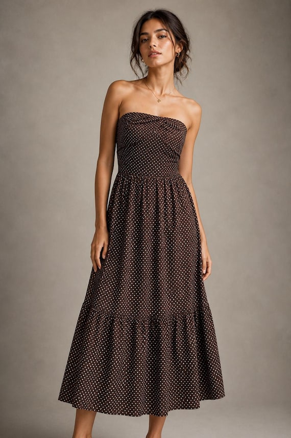 bcbg brown dress Polka Dot Strapless White Midi Dress Vintage Inspired Ecco mens dress shoes