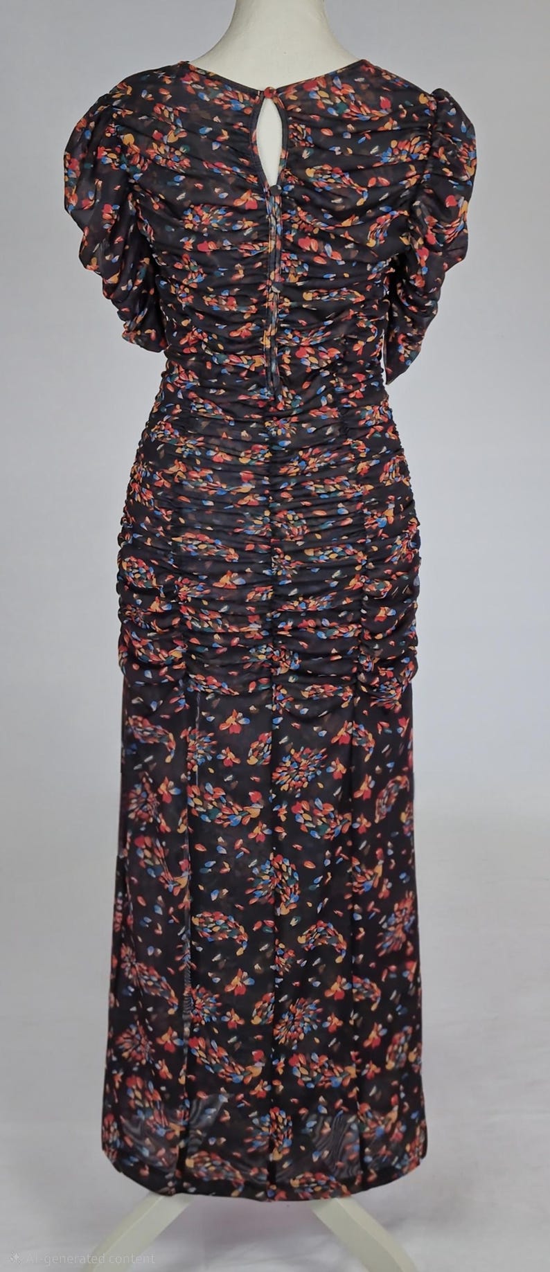 May include: Black floral print dress with a keyhole back and ruched detailing. The dress features a fitted bodice and a flowing skirt. The fabric has a semi-sheer quality, and the floral pattern includes red, blue, and yellow accents.