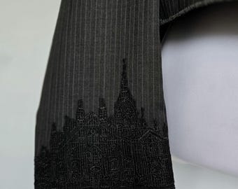 Upcycled Cropped Wool Blazer: Dark Charcoal Pinstripe with Architectural Black Lace Cuffs – One-of-a-Kind