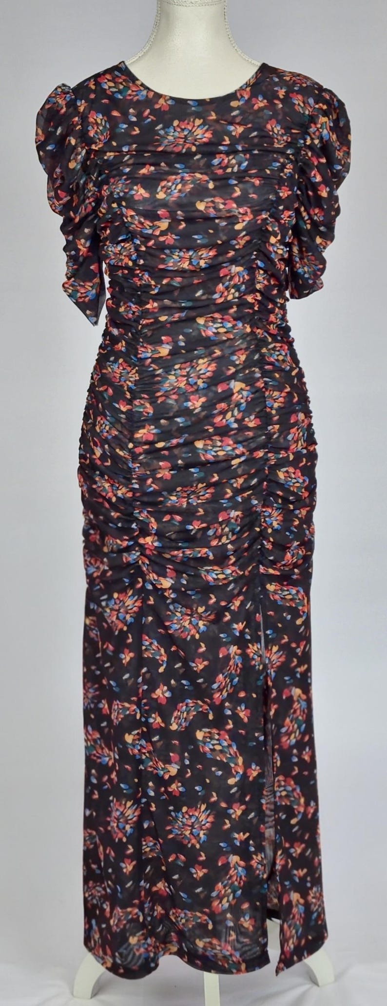 Black Ruched Mesh Midi Dress Free People Floral Stretch Evening Dress image 1