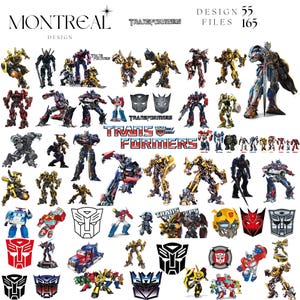 May include: A collage of Transformers character designs in various colours, including red, blue, yellow, and black. The image includes logos and the text "MONTREAL DESIGN" and "TRANSFORMERS". Design files 55 and 165 are also listed.