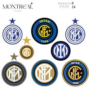May include: A collection of Inter Milan logo designs in various sizes and styles. The logos feature the team's colors: blue, black, gold, and white. Some logos include the text "INTER" and the year "1908". The image also includes the text "MONTREAL DESIGN".