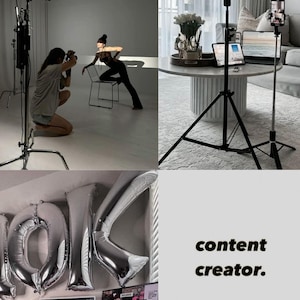 May include: A multi-panel image showcasing content creation. One panel features a photoshoot with a model and lighting equipment. Other panels show a home studio setup with a laptop, tablet, and phone on tripods, and a desk with computer monitors and balloons that read "10K". The text "TIKTOK CONTENT PLANNER" and "content creator" are also visible.