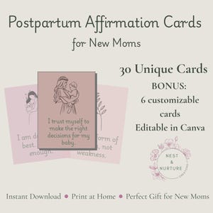 Postpartum-bevestigingskaarten | Afdrukbare aanmoediging voor nieuwe moeders | Bewerkbare canvassjabloon | Cadeau zelfzorg en geestelijke gezondheid