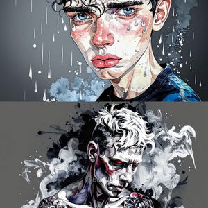 Peut inclure: Portraits à l'aquarelle de deux hommes. Le portrait supérieur représente un jeune homme aux yeux bleus, aux cheveux bouclés foncés et en larmes. Le portrait inférieur représente un homme aux cheveux blancs, aux yeux rouges et aux tatouages floraux.