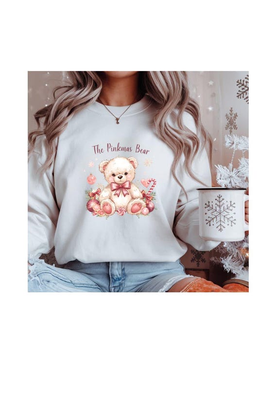 The Pinkmas Bear Sweatshirt | Coquette Christmas Crewneck | Pink Bow Teddy Sweater