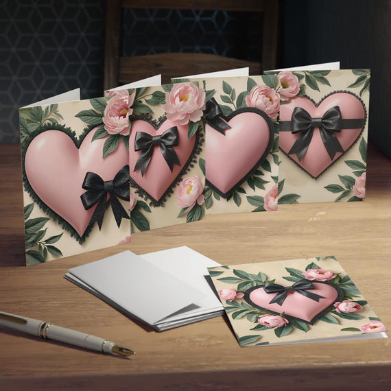 Sparkle Vintage Pink Heart Greeting Card Set  Black Bow and Floral Botanical Love Notes