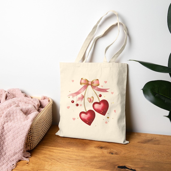 Sparkle Cherry Heart-Themed Canvas Tote Bag