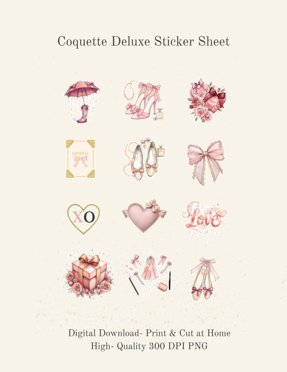 Coquette Sticker Sheet: Soft Glam Fashion Planner Stickers (Digital Download)