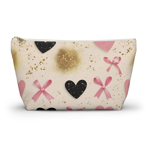 Sparkled Heart and Soft Pink Ribbon Accessory Pouch