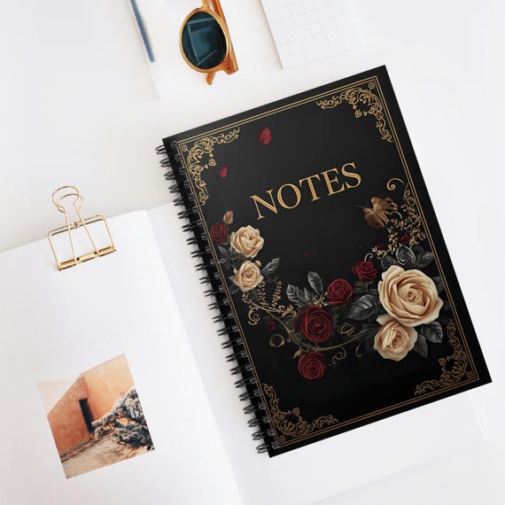 Black Beauty Floral Spiral Notebook: Gold Filigree Rose Notebook