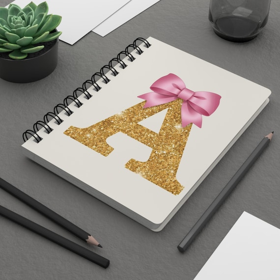 Sparkling Initial "A" - "D "Journal with Bow, Glitter Notebook - Personalized