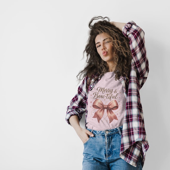 Merry & Bow-tiful Long Sleeve Tee | Coquette Christmas Shirt | Blush Pink Holiday Top | Sparkle Season Gift for Her | Bow Graphic Tee