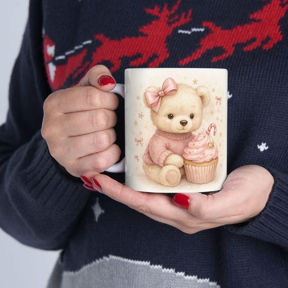 Cupcake Teddy Christmas Mug | Pinkmas Coffee Mug | Coquette Teddy Bear & Cupcake Mug