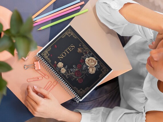 Black Beauty Floral Spiral Notebook: Gold Filigree Rose Journal