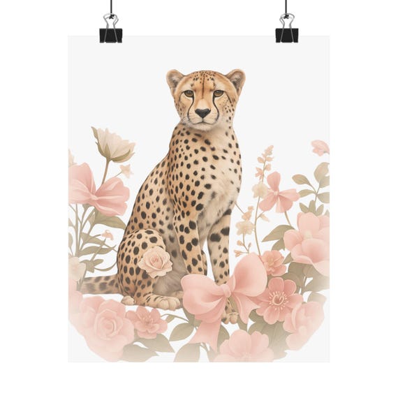 Floral Cheetah Illustration Matte Poster | Vertical Animal Wall Art