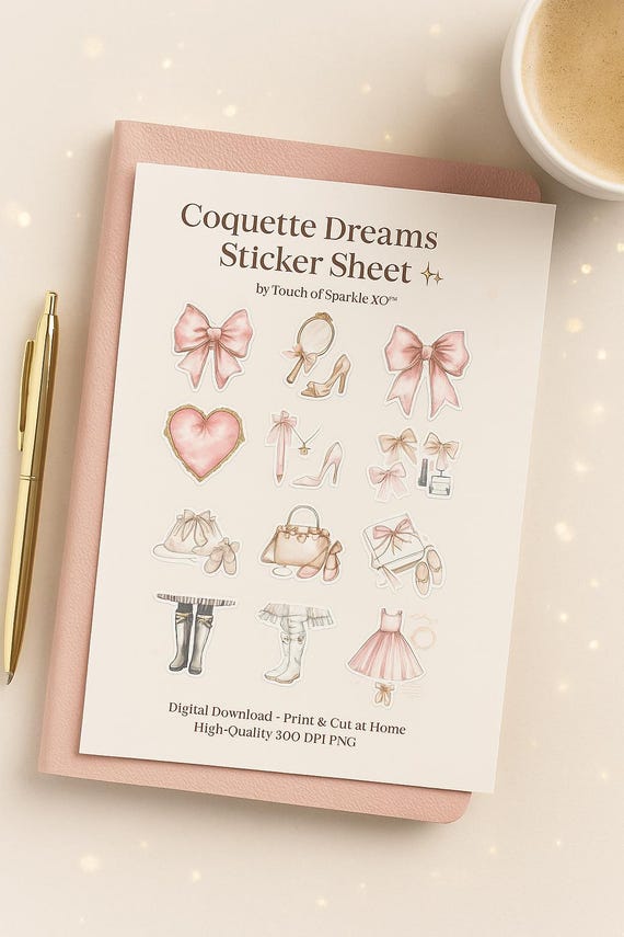 Coquette Sticker Sheet: Pink Bows, Hearts, Fashion (Digital Download)