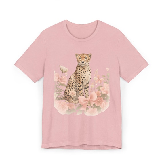 Cheetah with Pink Flowers T-Shirt | Floral Big Cat Illustration