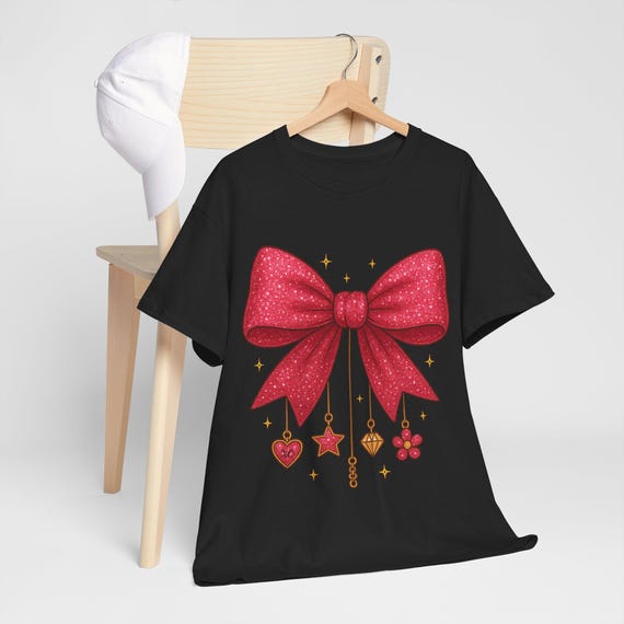 Festive Sparkle Bow T-Shirt: Holiday Glam Cotton Tee