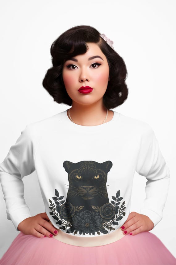 Elegant Black Panther Sweatshirt: Dark Floral Graphic, USA Made