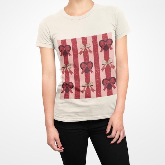 Vintage Heart Bow Striped T-Shirt | Retro Valentine Graphic Tee | Romantic Pink & Red Shirt | Coquette Style Top