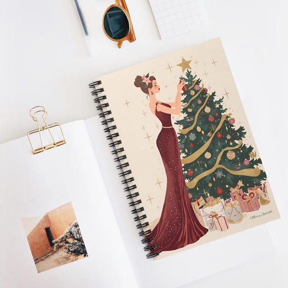 Elegant Woman Decorating Christmas Tree Spiral Notebook