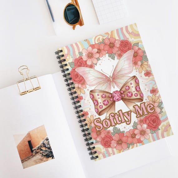 Softly Me Butterfly Bow Notebook | Spiral Ruled Journal, Floral Pastel Design