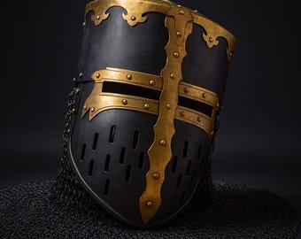 Medieval Crusader Great Helm with Brass Chainmail Knight Helmet Replica LARP Cosplay & Display Armor Crusader Helmet Gift Roleplay Christmas