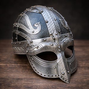 Può includere: Un elmo vichingo argentato con disegni intricati e rivetti. L'elmo presenta una protezione per il viso ed elementi decorativi, tra cui un motivo stilizzato di drago o serpente. Il metallo ha un aspetto strutturato, che suggerisce una costruzione martellata o forgiata.