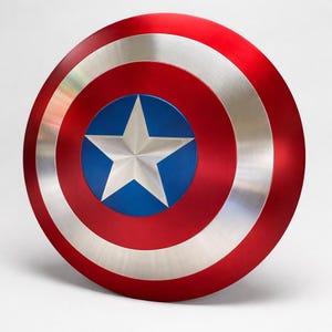Puede incluir: Un escudo redondo con una combinación de colores rojo, plateado y azul. El escudo presenta círculos concéntricos rojos y plateados, con un centro azul que contiene una estrella blanca. Es una réplica del escudo del Capitán América.